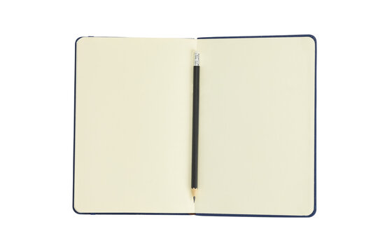 Open notebook with blank pages for writing and a pencil, isolated on white background with clipping path.