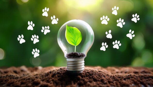 a green plant with a paw print leaf grows inside a light bulb on rich soil surrounded by floating paw prints and a lush blurred green background symbolizing eco friendly pet care