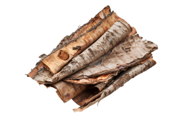 Textured stack of natural birch bark layers, showing the characteristic with peeling edges