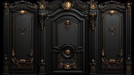 Ornate black and gold cabinet panels with detailed carvings.