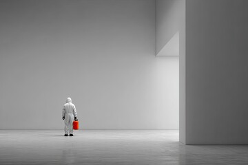 Obraz premium A person in a white hazmat suit stands in a large, empty, light-gray room, carrying an orange cylinder