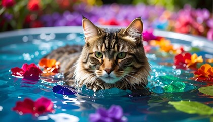 A Maine Coon cat sits serenely in a pool of blue water, surrounded by colorful floating flowers