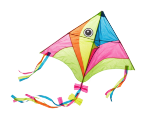 Colorful geometric kite with eye design and multicolored tails. Cut out PNG