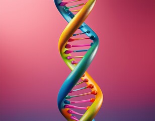 a colorful dna double helix with vibrant green and blue strands and a yellow inner structure floats against a solid pink background symbolizing life science