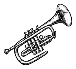 Naklejka premium Trumpet Musical Instrument Classic Black and White Outline Line Art Drawing Isolated Object Engraved Vintage
