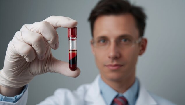A focused male scientist in a lab coat holds up a vial of blood for medical examination.