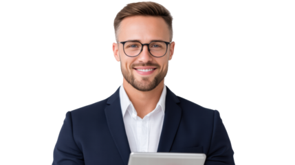 Smiling man isolated on transparent background wearing glasses and formal suit with white shirt looking confident