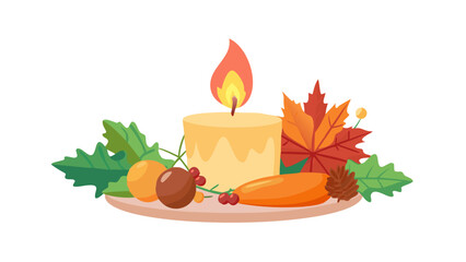 Warm autumn candle with seasonal decorations