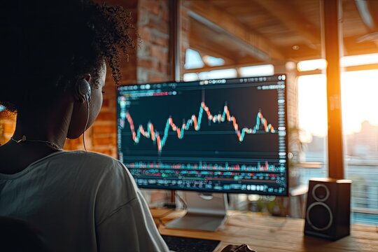 Woman analyzing stock charts on computer - Powered by Adobe