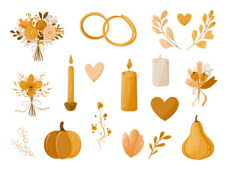 Autumn Wedding Clipart Set &ndash; Fall Leaves, Rings, Bouquets and Hearts