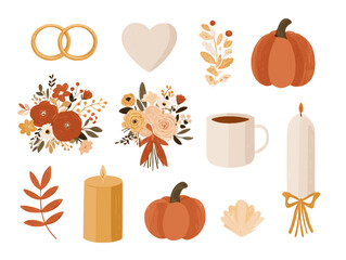 Autumn Wedding Clipart Set &ndash; Fall Leaves, Rings, Bouquets and Hearts