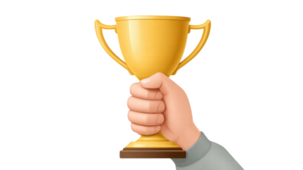 Golden trophy cup held by hand isolated on transparent background symbolizing victory and achievement