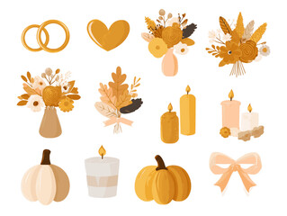 Autumn Wedding Clipart Set – Fall Leaves, Rings, Bouquets and Hearts