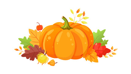 Autumn harvest pumpkin and colorful fall leaves illustration