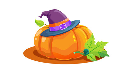 Whimsical halloween pumpkin wearing a witch hat and decorated with leaves