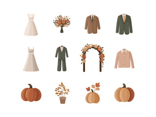 Rustic Fall Wedding Icons &ndash; Flat Vector Collection