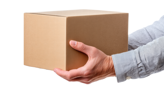 Isolated cardboard box on transparent background held by hands with shirt sleeves visible