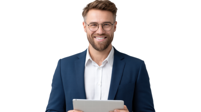 Smiling man isolated on transparent background holding tablet wearing glasses and blue suit jacket with white shirt
