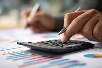 Close-up of hands using calculator, charts, and graphs