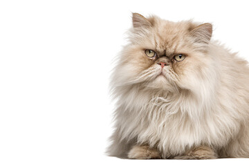 Fototapeta premium Elegant cream Persian cat with fluffy fur poses gracefully against a white background