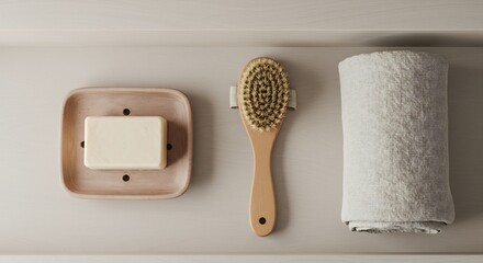 Overhead view of a soap body brush and rolled towel on a shelf