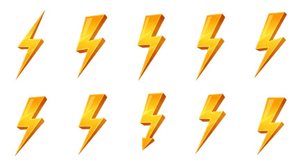 Set of glossy yellow 3D lightning bolt icons with sharp angular shapes.