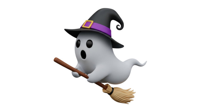 Cute 3D ghost character with a surprised expression wearing a witch hat and flying on a broomstick.