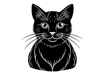 Obraz premium A striking black cat with bright eyes and long whiskers is depicted in a bold white outline against a clean white background