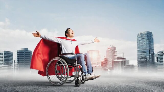Person in a wheelchair with a superhero cape.