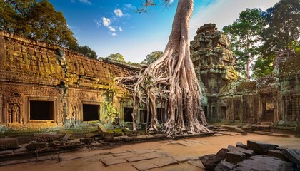 Obraz premium ta prohm temple angkor wat cambodia ruins tree roots architecture travel landmark tourism asia
