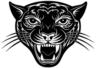 Fierce black panther head roaring with sharp fangs and stylized tribal markings on a white background