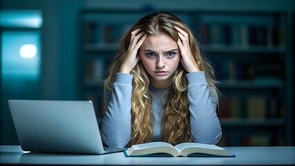 Stressed student with hands on head studying late with laptop and book