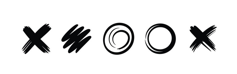 Bold black brush strokes XO symbols and scribbles on white background