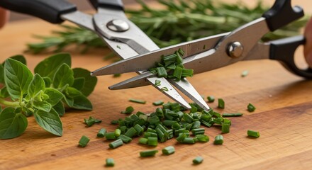 Scissors cut chives on a wooden cutting board Oregano is on the left rosemary in the background
