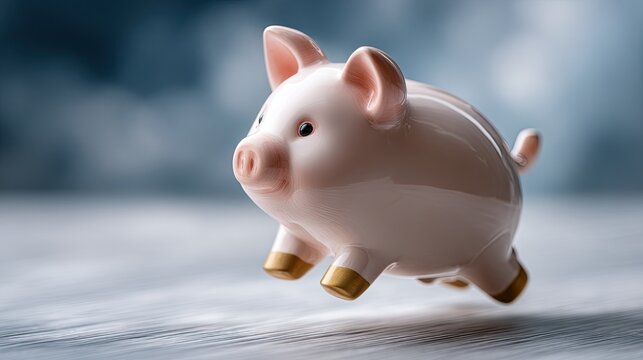 Porcelain piggy bank leaps against a blurred blue background, symbolizing savings and prosperity in a playful manner