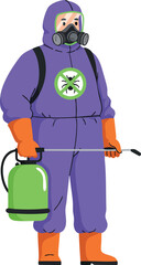 Naklejka premium Pest control worker in protective purple suit with green sprayer illustration vector 