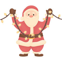 Santa Claus holding a garland in his hands. Christmas illustration for a postcard.
