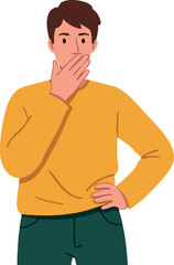 Fototapeta premium Young man with hand over mouth expressing surprise or silence in yellow sweater vector illustration 