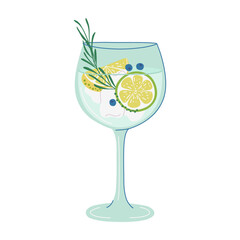 Refreshing Gin and Tonic Cocktail. Cool Summer lemonade. Glass with beverage, lime, lemon, herbs, ice. Alcohol drink made from gin. Hand drawn flat design vector illustration.
