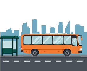 Orange city bus near bus stop with urban skyline background vector illustration 