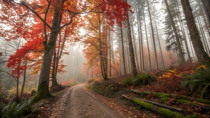 Fototapeta premium Winding path through a misty forest with trees displaying vibrant autumn foliage colors and mossy logs