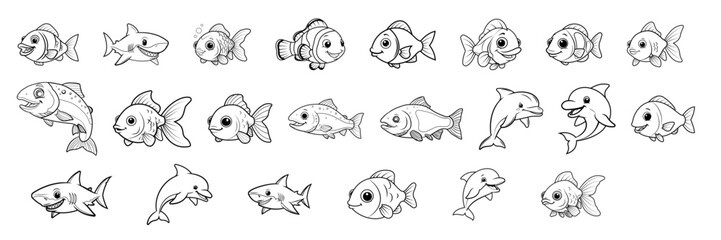 Fototapeta premium Collection of cartoon fish and dolphins in black and white outline style on a white background drawing style