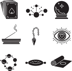 Naklejka premium Vector art of set of spiritual and esoteric icons for divination and meditation, including tarot cards, crystal ball, pendulum, and yoga mat isolated on white background