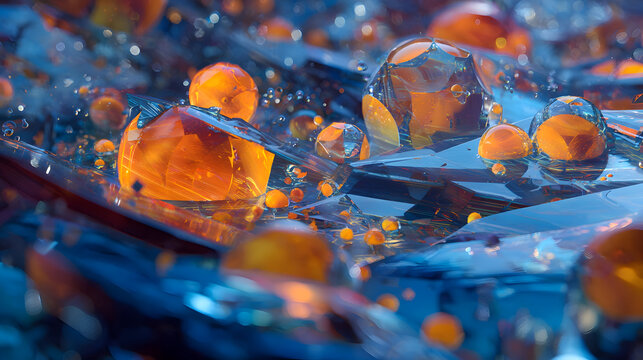 Luminous Amber Orbs and Gems on a Blue Crystalline Surface.