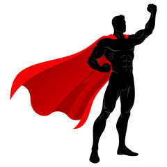 Powerful Superhero Silhouette with Red Cape Symbolizing Strength and Courage in Victory