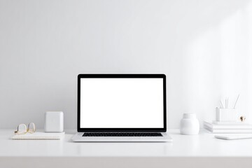 Minimalist workspace features laptop on clean desk, promoting pr