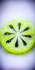 Close-up of a lime-green circular slice, intricate design, with bubbles