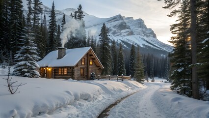 A snowy log cabin nestled in a winter forest with mountains in the background on a cold winter day