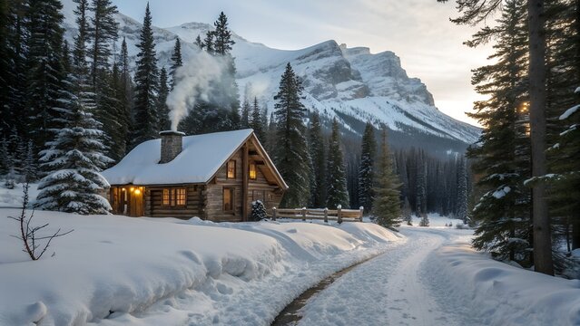 A snowy log cabin nestled in a winter forest with mountains in the background on a cold winter day