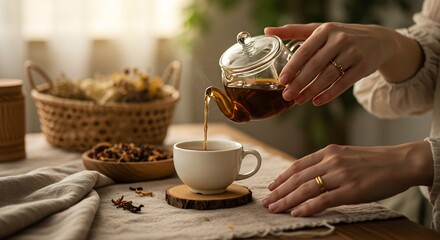 Tea is poured from a glass teapot into a white teacup on a wooden coaster Hands hold the teapot